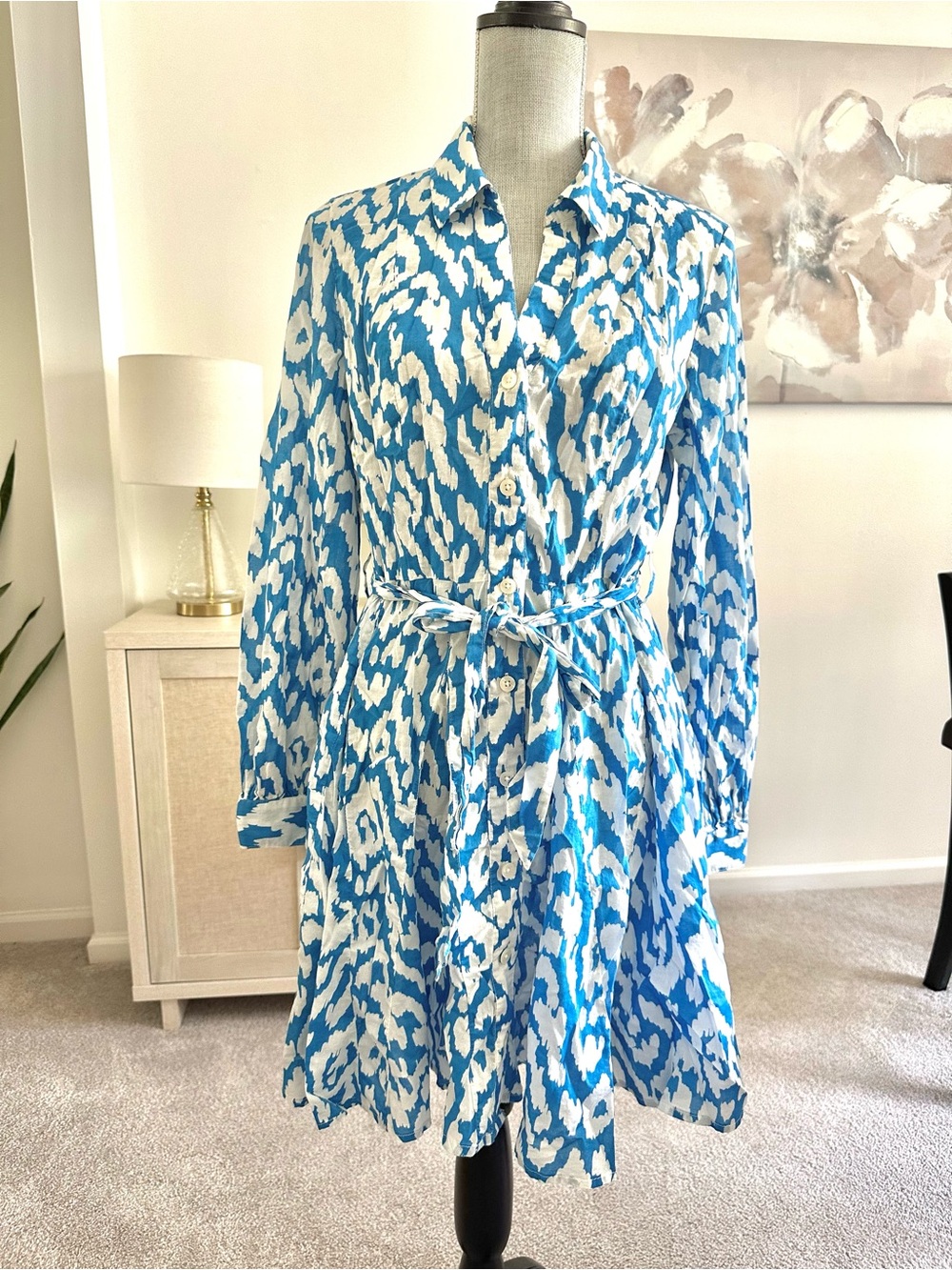 Blue and White Printed Long-Sleeve Shirt Dress with Self Tie